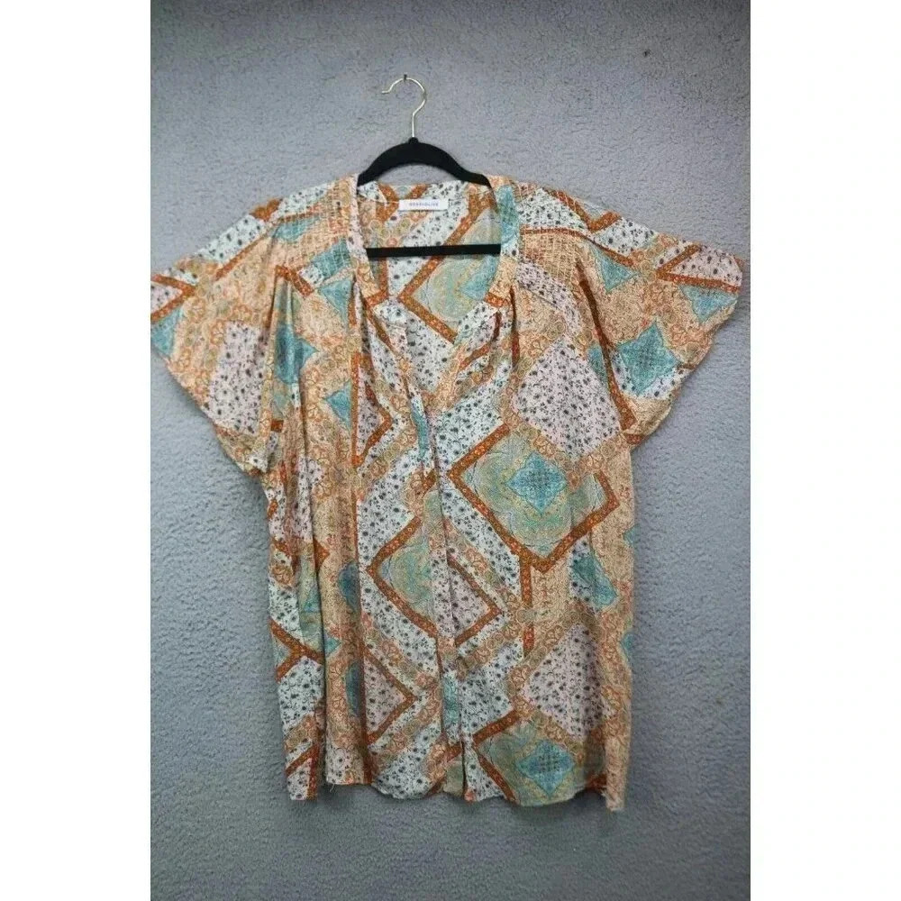Rose & Olive Silky Button Down Blouse-Size 2X-Flutter Sleeves